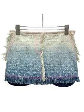 Louis Vuitton Light Blue Washed Logo Jacquard Denim Fringed Mini Skirt